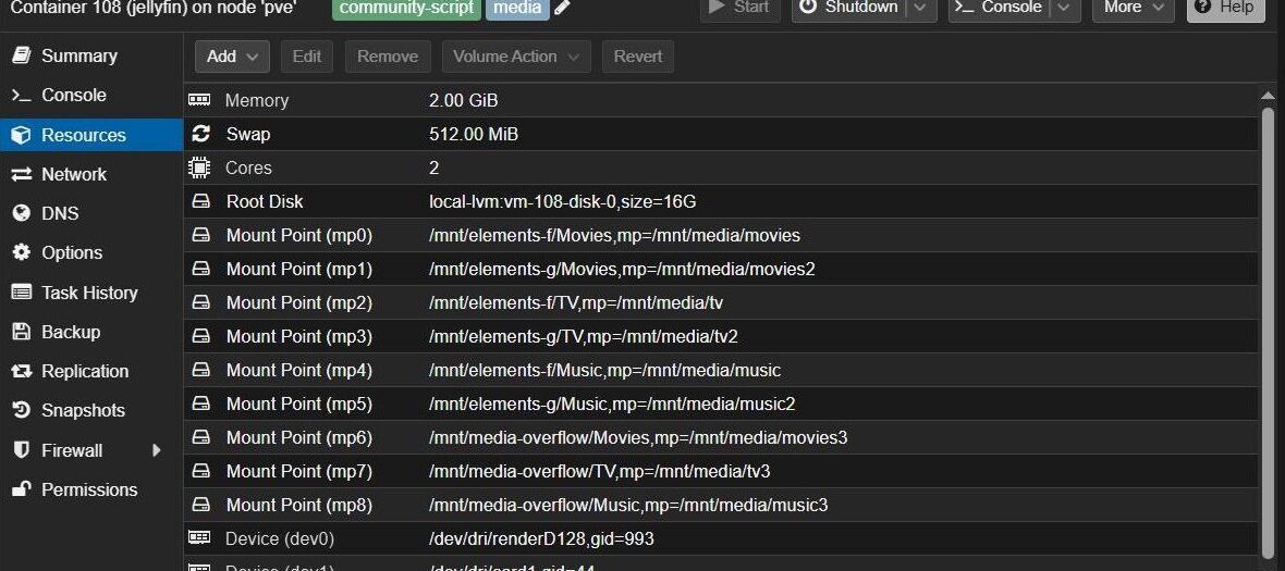 Proxmox LXC container Resources tab listing bind mount points