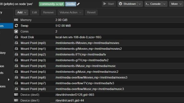 Proxmox LXC container Resources tab listing bind mount points