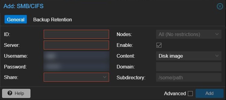 Proxmox Add SMB/CIFS storage dialog with ID, server, username, password and share fields